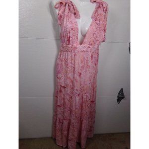 Lush Pink Floral  Maxi Dress  Sleeveless Tier shoulder Tie Rayon NWT Beach boho